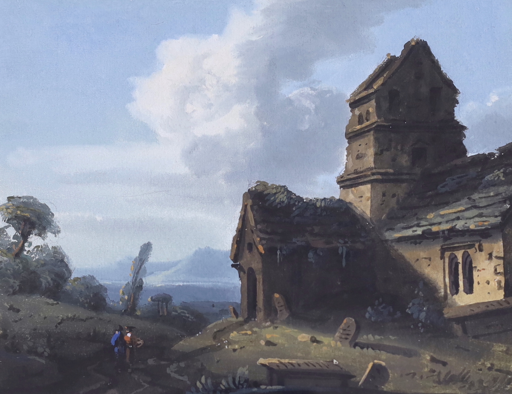Attributed to Thomas Walmsley (1763-1806), gouache, Rural landscape with figures before a church, 18 x 23cm